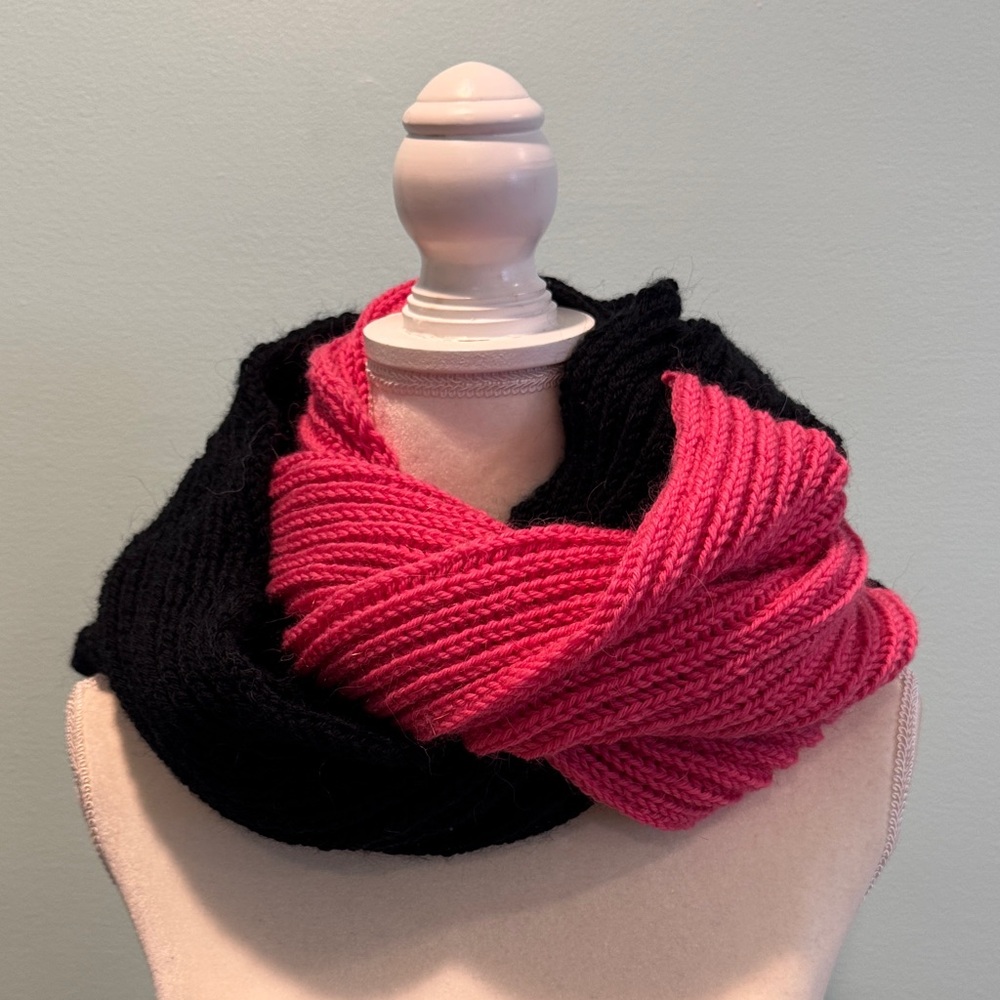 Black & Pink 100% Wool Hand Knit Infinity Scarf - Women Accessories